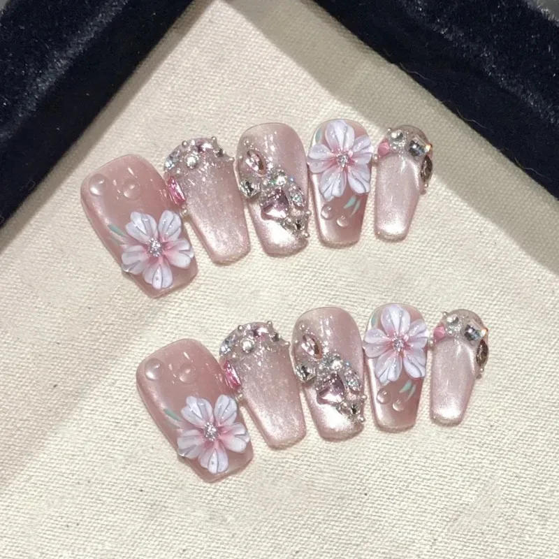 Description Picture 4 of item10Pcs Sweet Cute Handmade Press on Nails Flower Butterfly Fake Nails Glossy Diamond False Nails Full Cover Acrylic Nail Tips Art