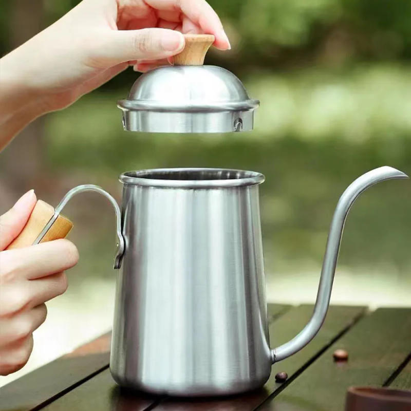 Description Picture 6 of itemOutdoor Coffee Pot Stainless Tea Kettle Camping Tableware Wooden Handle 650ml Coffee Kettle Tea Pot Filter Cup Bean Grinder