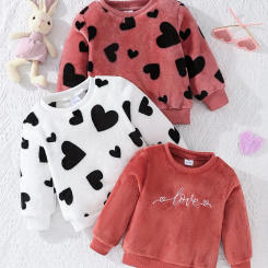 A Soft And Skin-Friendly Three-Piece Set Of Pink And White Heart-Shaped Printed Warm Hoodie For Baby Girls In Autumn And Winter