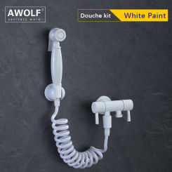 Awolf Solid Brass Bidet Faucet White Handheld Toilet Bidet Sprayer Set Dual handle Dual Outlet Filling Valve Shattaf AP2221