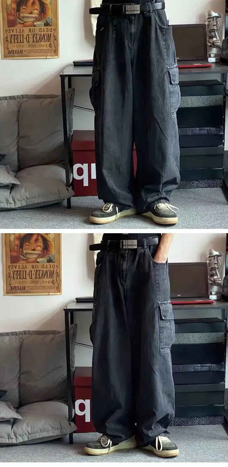 Description Picture 3 of itemBlack Wide Leg Pants Men's Jeans Oversize Baggy Jeans Trousers Male Denim Pants Cargo Korean Streetwear Hip Hop Harajuku