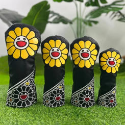 Premium Faux Leather Golf Club Headcovers - Sunflower Design for Driver, Fairway Woods & Putter | Black