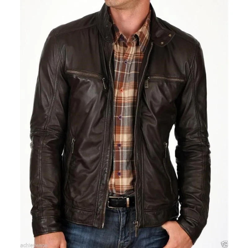 Description Picture 3 of itemMen's Brown Genuine Leather Jacket Sheepskin Motorcycle Jacket Fashionable Trend