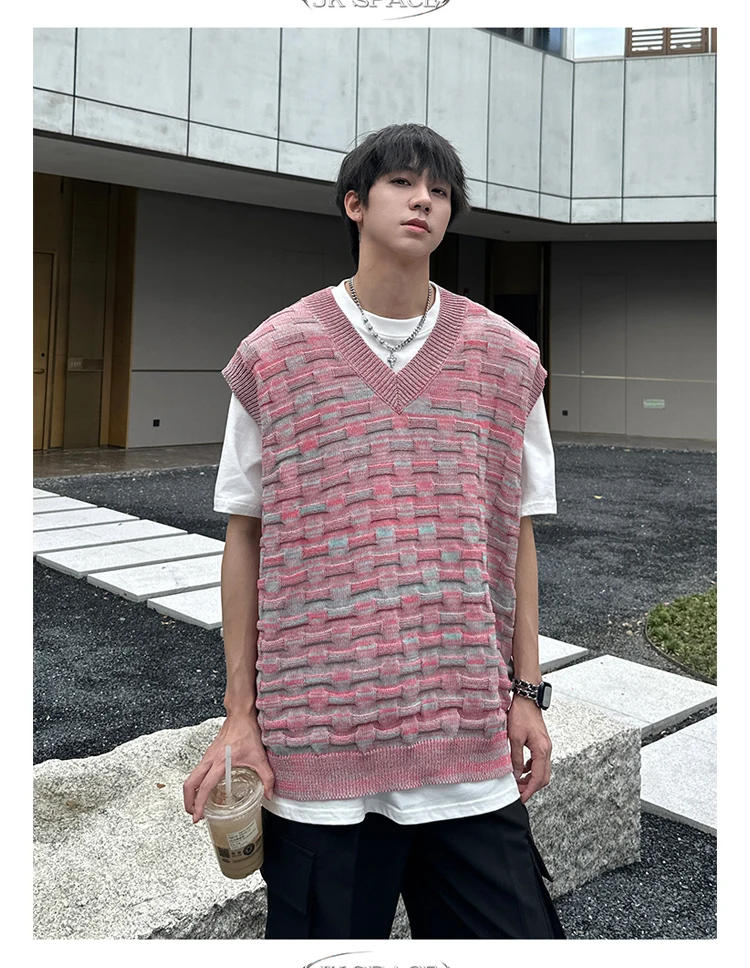 Description Picture 5 of itemMen Sweater Vests V-neck 3 Color Koran Style Retro Daily College Knitting Sweaters Contrast  Vitality All-match Popular