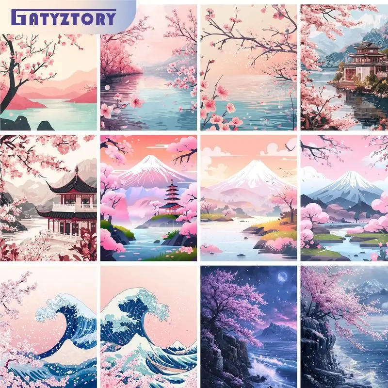 Description Picture 2 of itemGATYZTORY Scenery Painting By Numbers Oil HandPainted Acrylic Paint Sakura Pagoda Home Decors Adults Crafts On Canvas DIY Gift