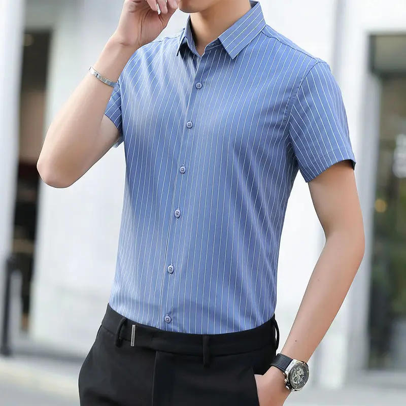 Description Picture 6 of itemFashion Lapel Button Short Sleeve Striped Business Shirts Men's Clothing 2024 Summer New Loose All-match Tops Casual Shirts