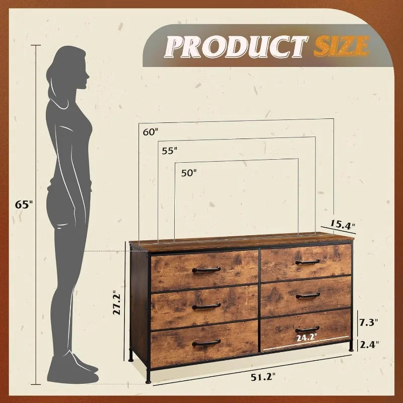 Description Picture 4 of itemWide Dresser with 6 Drawers, TV Stand for 50" TV, Entertainment Center with Metal Frame, Wooden Top, Fabric Storage Dresser for