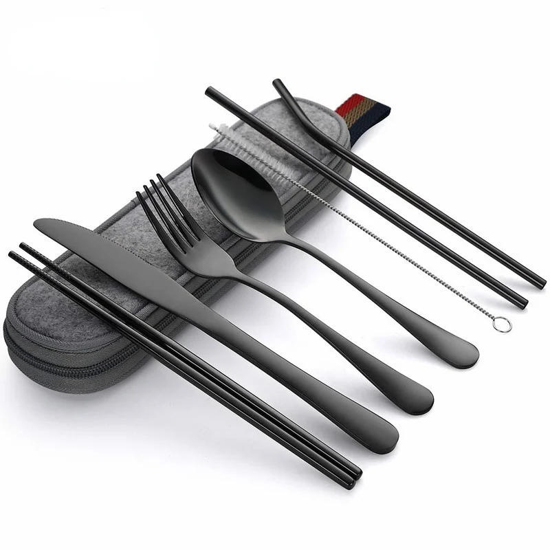 Description Picture 2 of itemTableware Reusable Travel Cutlery Set Camp Utensils  with Stainless Steel Spoon Fork Chopsticks Straw Portable Case