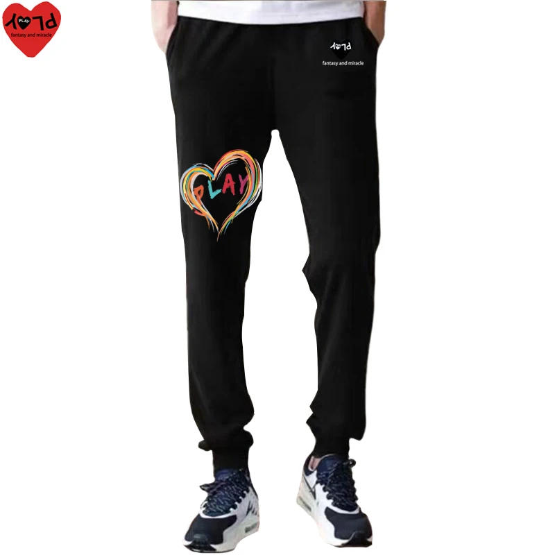 Description Picture 6 of itemMen Women Spring Autumn Pants Heart Embroidery Color Stripes Heart Letter Print Cotton Feet Elastic Bind Drawstring Pocket Pants