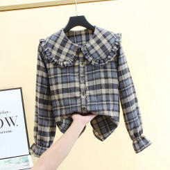 French Style Plaid Shirt Women Spring New Cotton Chic Peter Pan Collar Single Breasted Loose Top Fashion Long Sleeved Jacket