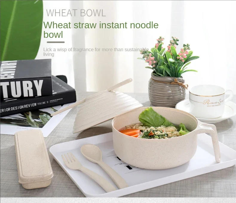 Description Picture 2 of itemWheat Straw Instant Noodles Bowls with Lids Hot Rice Soup Food Container Kitchen Drop Dowl Healthy Tableware