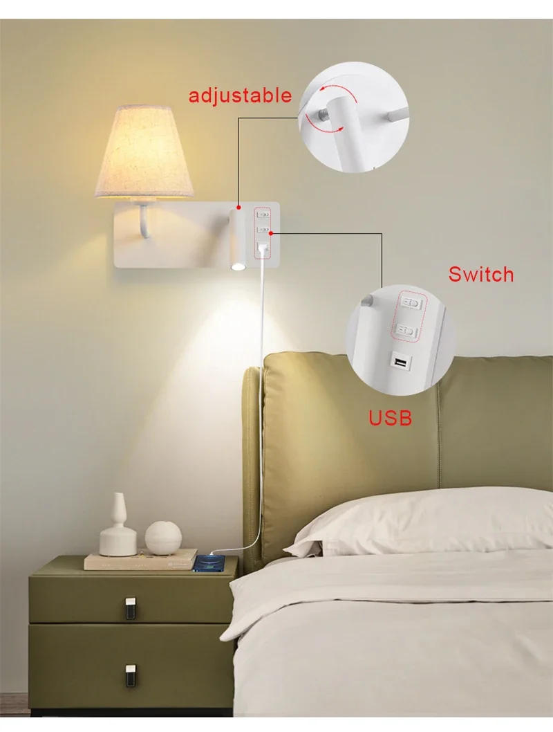 Description Picture 3 of itemReading Wall Lamp With Switch USB Living Room Foyer Bedroom Bedside Sconce Wall Light Aisle Home Indoor Decor Lighting Spotlight
