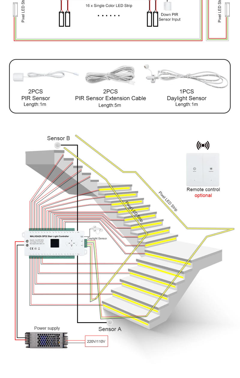 Description Picture 6 of item1-32step LED Stair Controller With Daylight Sensor Motion Sensor Stair Light Strip SPI Side and Step Stair LED Strip Lighting