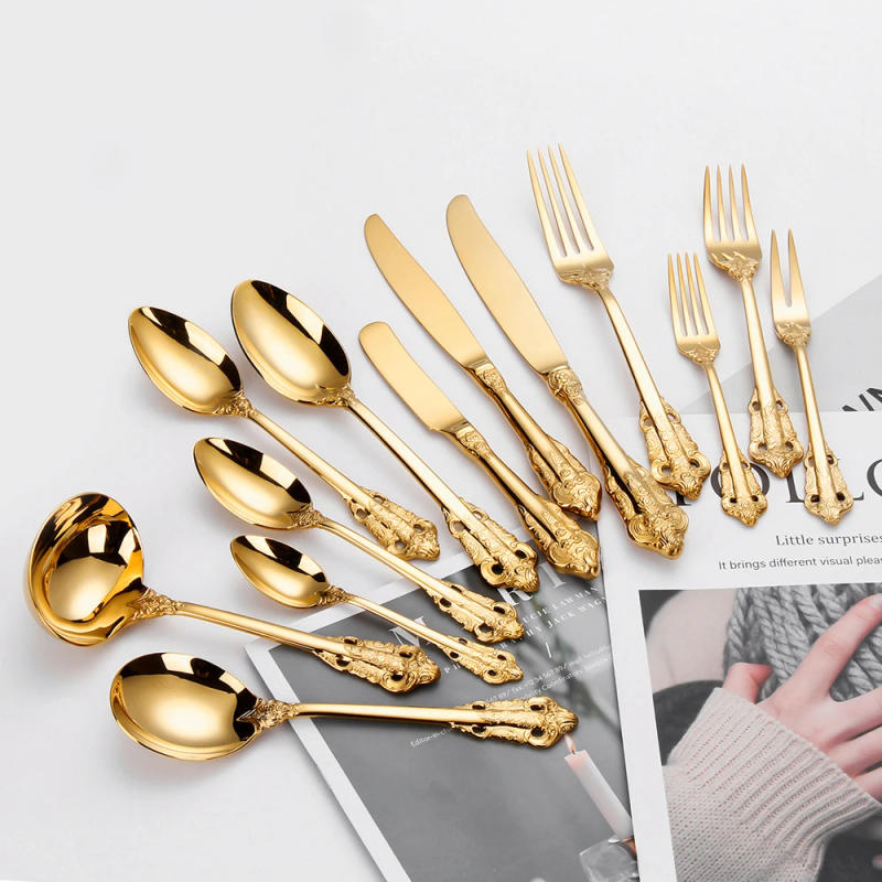 Description Picture 2 of item1Pcs Luxury Golden Dinner Set Vintage Western Stainless Steel Cutlery Sets Wedding Engraving Tableware Knife Fork Spoon Teapoon