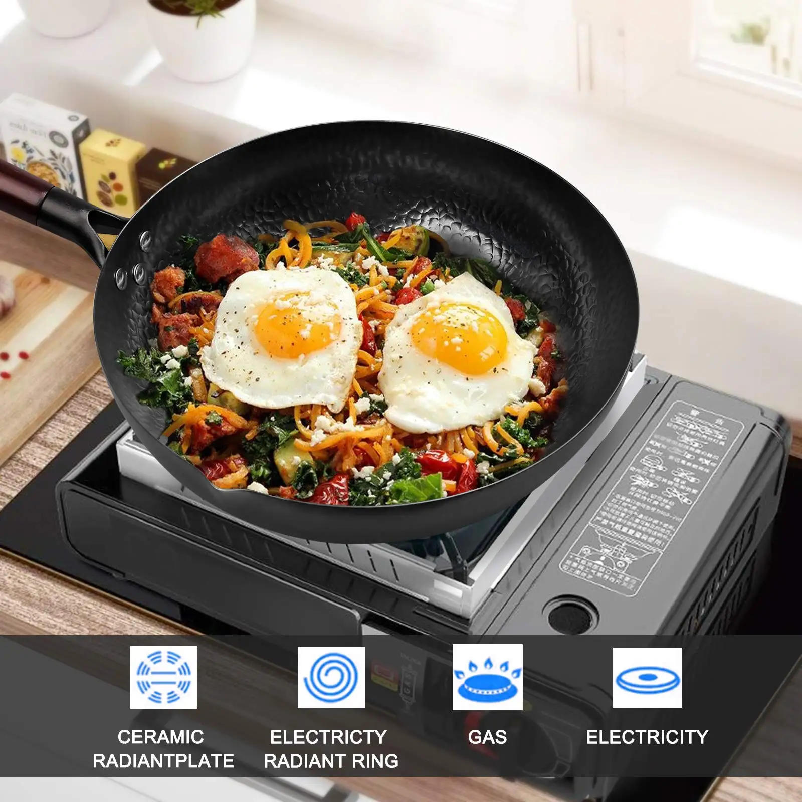 Description Picture 4 of itemCarbon Steel Wok,Woks and Stir Fry Pans with lid Kitchen Cookwar For Electric,Induction and Gas Stoves Flat Bottom Wok