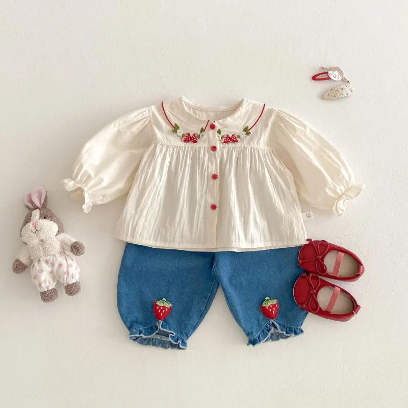 Description Picture 3 of itemGirls Fashion Shirt 2025 New Spring Baby Korean Long Sleeve Shirt Children Spring Strawberry Peter Pan Collar Top