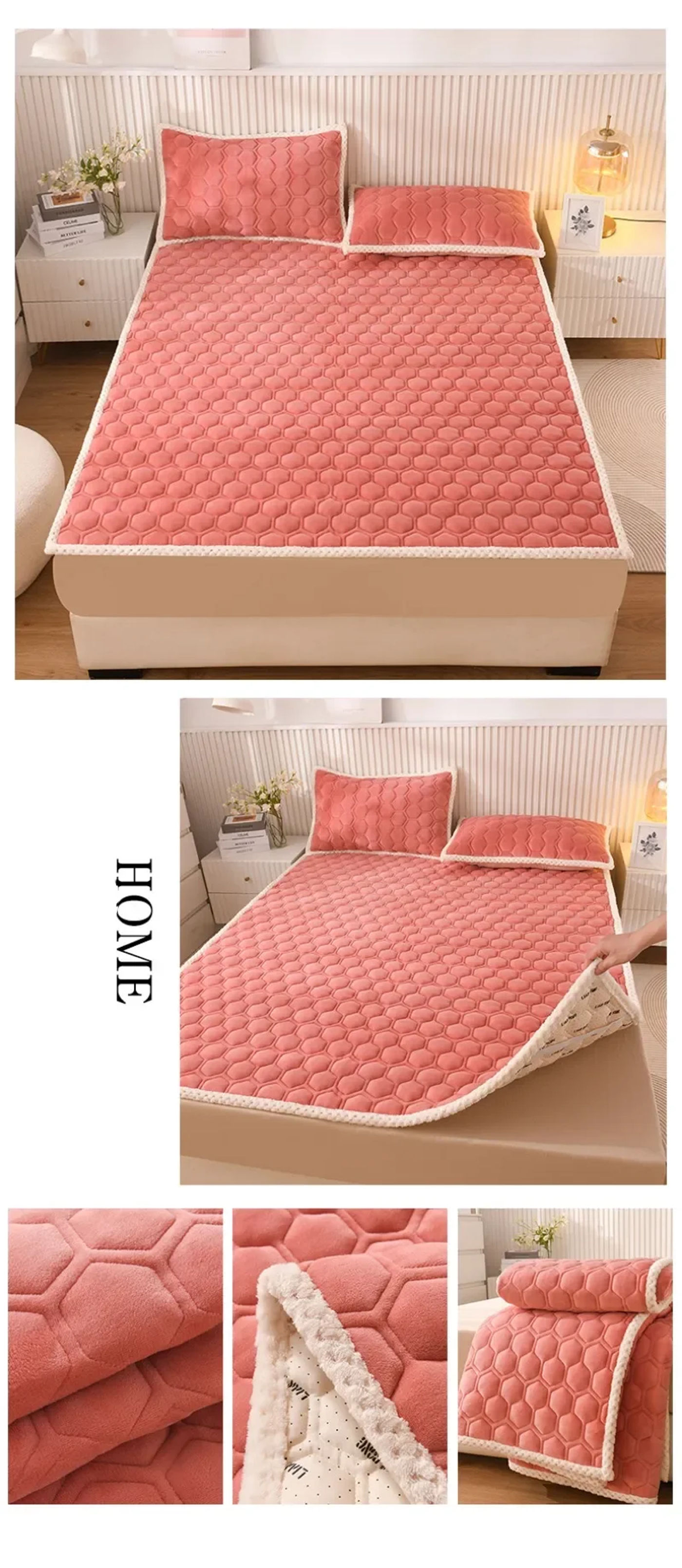 Description Picture 3 of itemThick Fleece Mattress Pad Warm Coral Fleece Bed Blanket Pads for Winter Solid Color Mattress Protector Cover for Double Beds