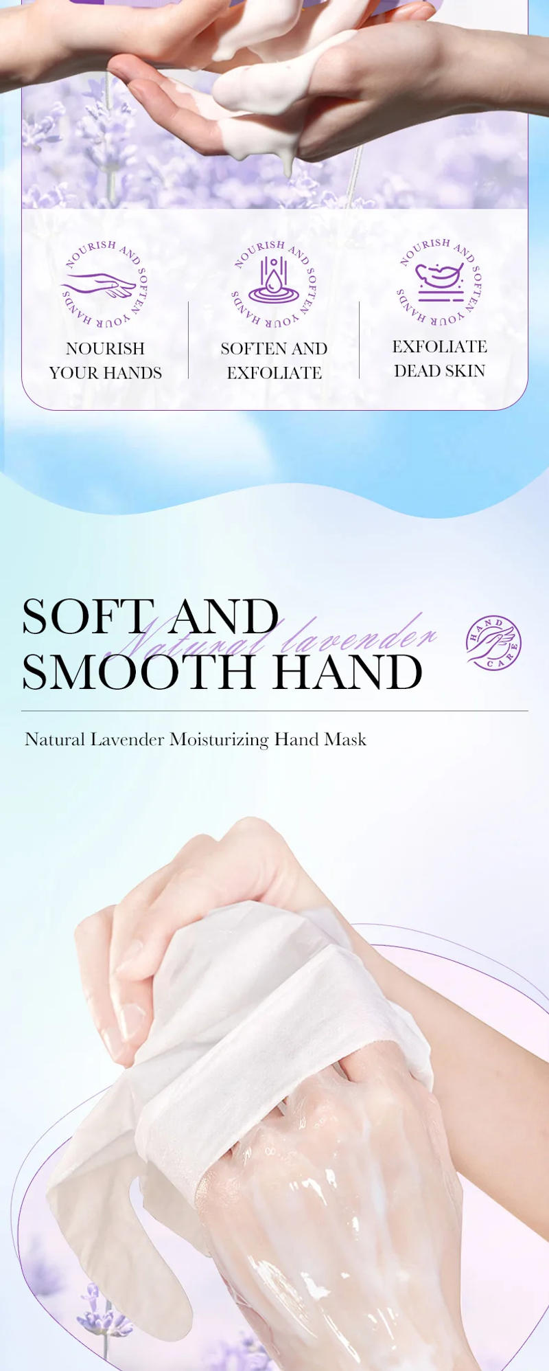 Description Picture 4 of item5 Pairs SADOER Lavender Hand Mask Moisturizing Whitening Anti-aging Hydrating Hand Gloves for Hands Skin Care Products