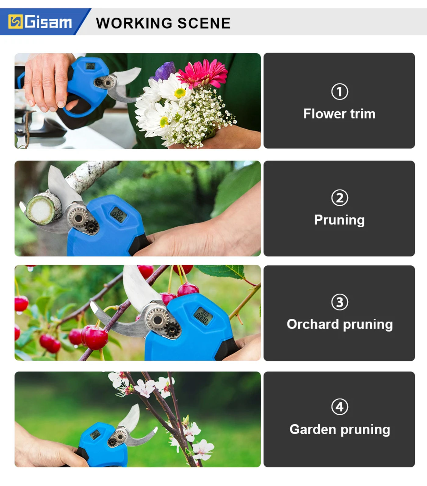 Description Picture 6 of item30mm Brushless Cordless Electric Pruner Shear Fruit Tree Bonsai Pruning Branches Cutter Garden Tools for Makita 18V Battery