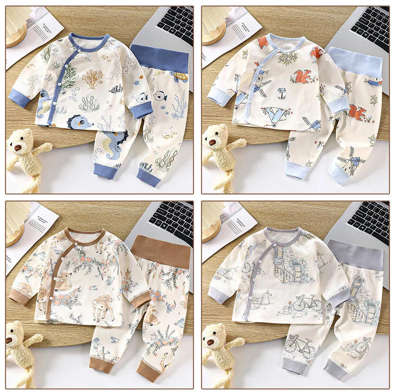 Description Picture 4 of itemNewborn Boys Girls Pure Cotton Warm Pajamas Cute Cartoon Print Long Sleeve Pyjamas Toddler Baby Autumn Sleepwear Clothing Sets