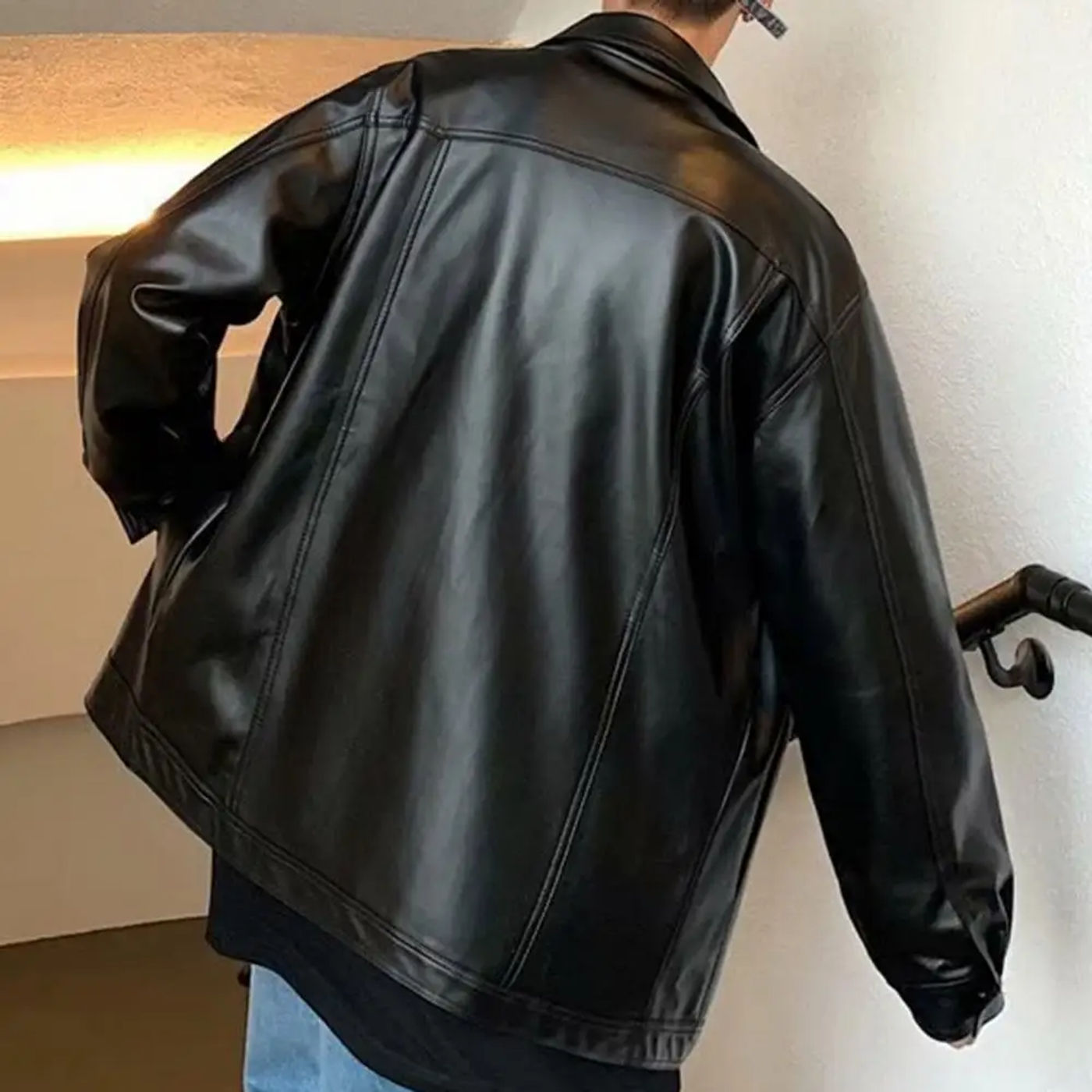 Description Picture 5 of itemMen Casual Jacket Stylish Men Short Jacket Stylish Men's Faux Leather Jacket with Turn-down Collar Button Closure for Male