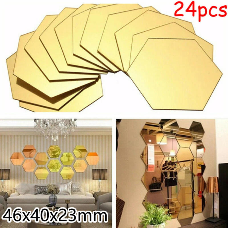 Description Picture 2 of itemRemovable Mirror Wall Sticker Stickers Tile Hexagon Home Living room Mirror Wall 24Pcs 3D Decal Decor High Quality