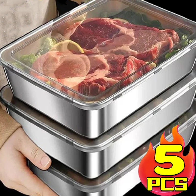 Description Picture 4 of itemStainless Steel Food Storage Container Rectangle Dish with Cover Noodles Fruit Tray Lunch Box Thick Refrigerator Organizer Plate