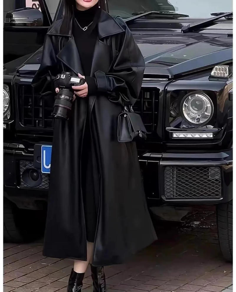 Description Picture 5 of itemMauroicardi Spring Autumn Black Long Soft Flowy Pu Leather Trench Coat for Women Raglan Sleeve Sashes Loose Casual Clothes 2024