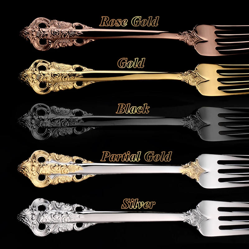 Description Picture 5 of item1piece Luxury Gold Plated Cutlery Set Vintage 18/10 Stainless Steel Knife Fork Spoon Gravy Ladle For Wedding Dinner Party Hotel