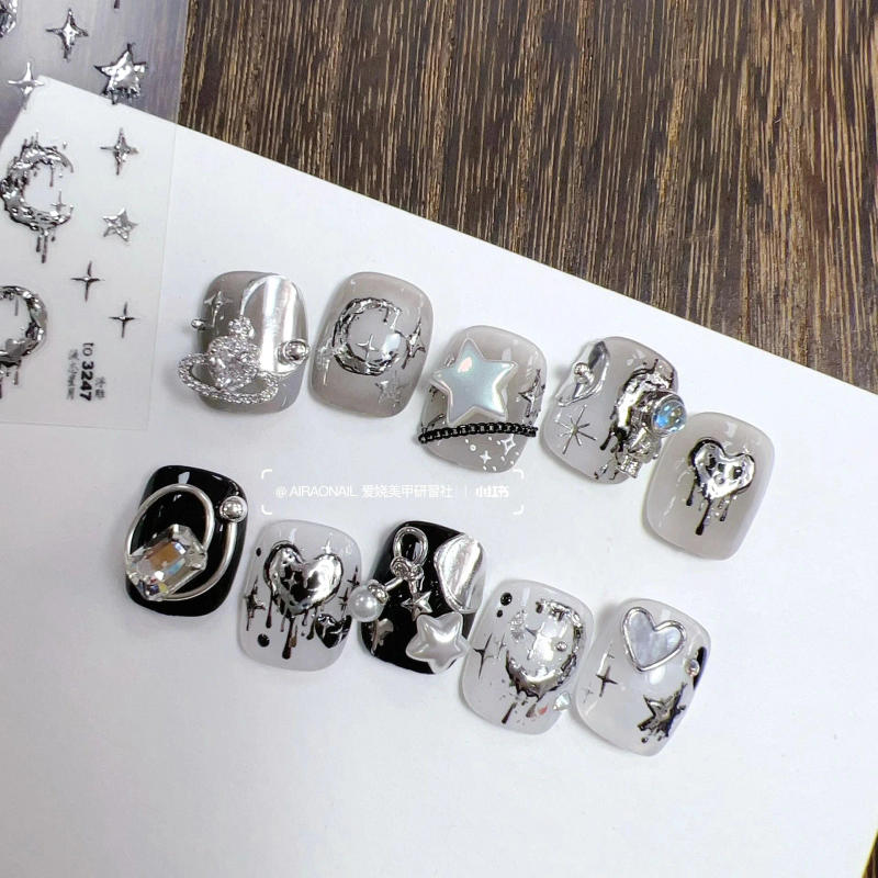 Description Picture 5 of item5D Realistic Relief Stamp Silver Melted Heart Moon Stars Balloon Angel Love Adhesive Nail Art Stickers Decals Manicure Charms