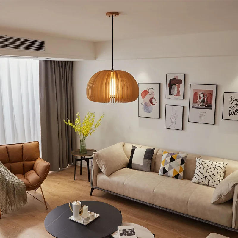 Description Picture 5 of itemJapanese Retro Wooden Pumpkin Chandelier Vintage E27 Restaurant Pendant Light Homestay Decorative Lighting Nordic Bedroom Lamps