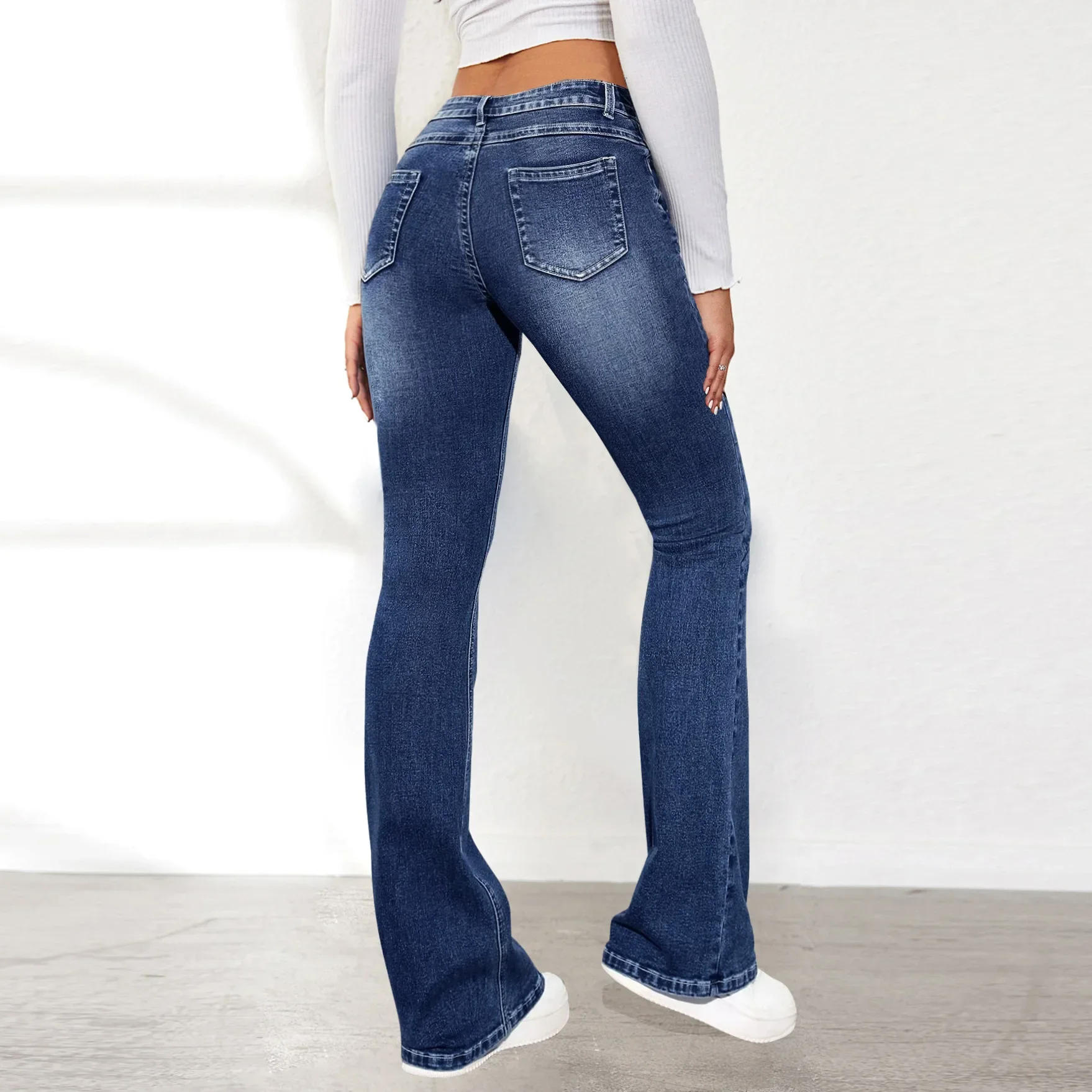 Description Picture 5 of itemWomen Jeans Slim Fit Flare Pants Denim Washing Pockets High Waist Solid Ankle Length Boot Cut Streetwear Casual Zipper Fly