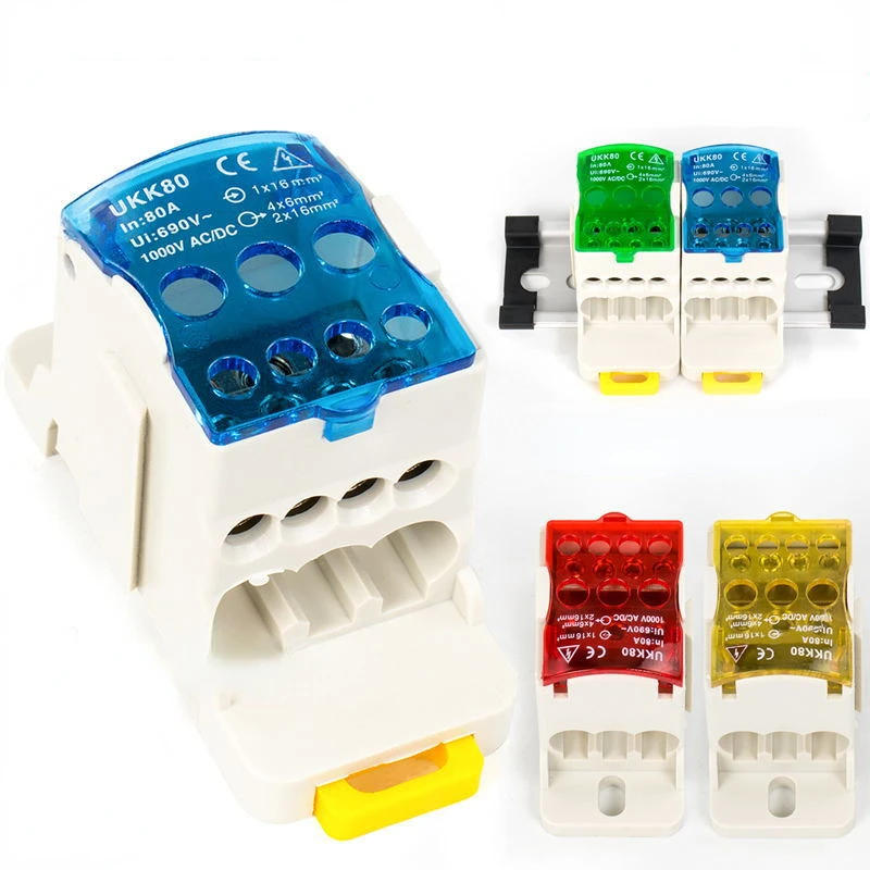 Description Picture 2 of item1PC UKK80A Terminal Block 1 in many Out Din Rail distribution Box Universal Electric Wire Connector RED YELLOW BLUE GREEN