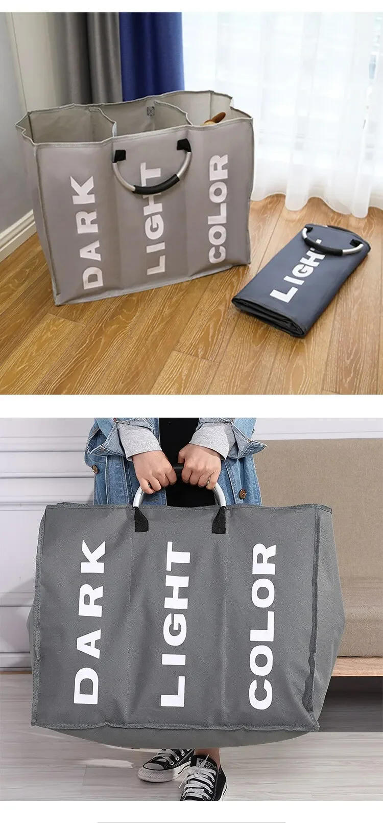 Description Picture 5 of item1pc 3 Grids Foldable Laundry Basket Bag Dirty Clothes Laundry Hamper Waterproof Oxford Durable Fabric Dirty Storage Basket