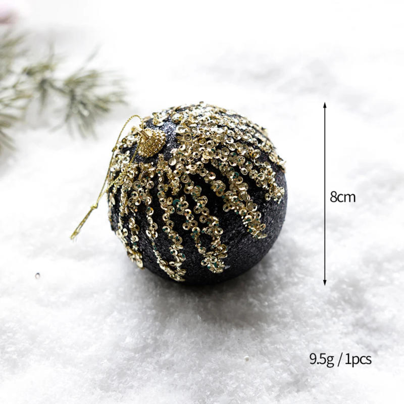Description Picture 4 of item8pcs Christmas Ball Black Gold Series Christmas Tree Foam Ball Ornaments Hanging Ornaments Plush Ball Home Decoration