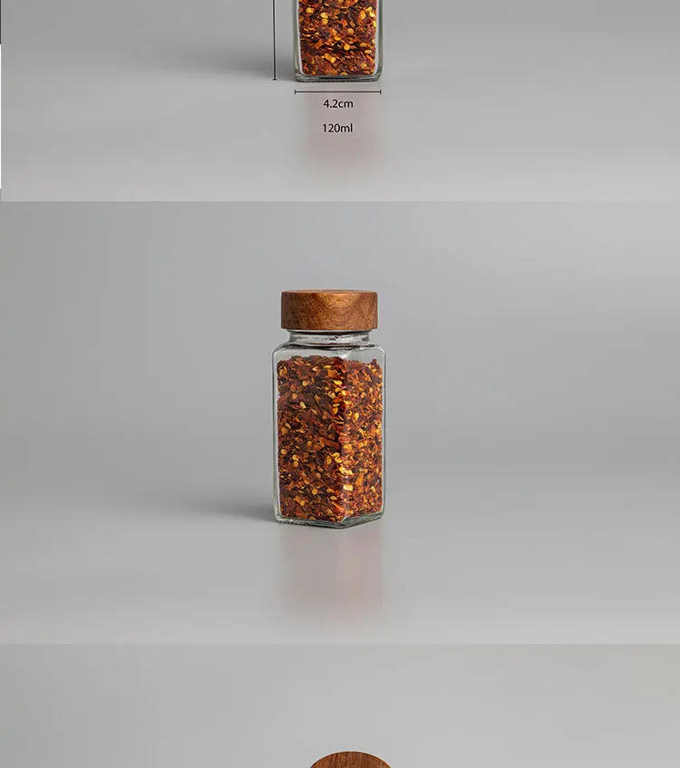 Description Picture 3 of item6pcs 120ml Wholesale Acacia Wood Cover Square Glass Jars Kitchen Seasoning Bottle Table Salt Flavor Herb & Spice Tools