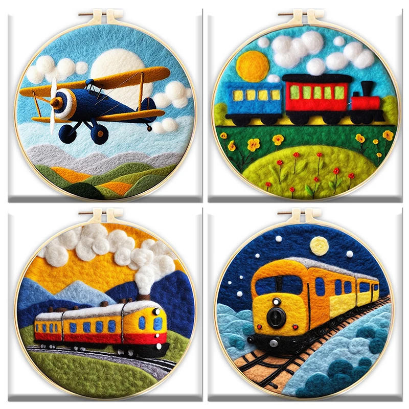 Description Picture 4 of itemCHENISTORY 20X20CM Frame Wool Felting Painting Kit Train and Airplane Diy Felt Package For Friend Home Decoration Crafts
