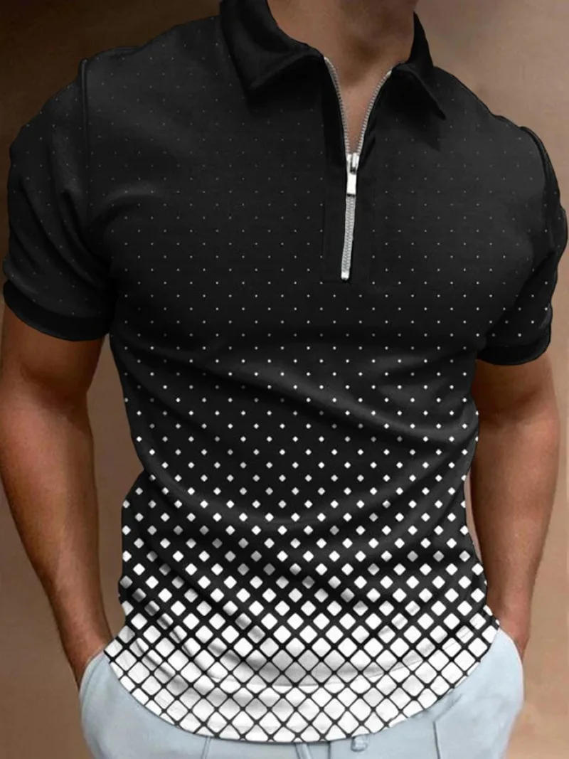 Description Picture 4 of itemMen's Casual Shorts Sleeve Polo Shirts Men Male Zip Turn-down Collar Tee Shirt Men Geometric Print Tops Clothing Clothes For Men