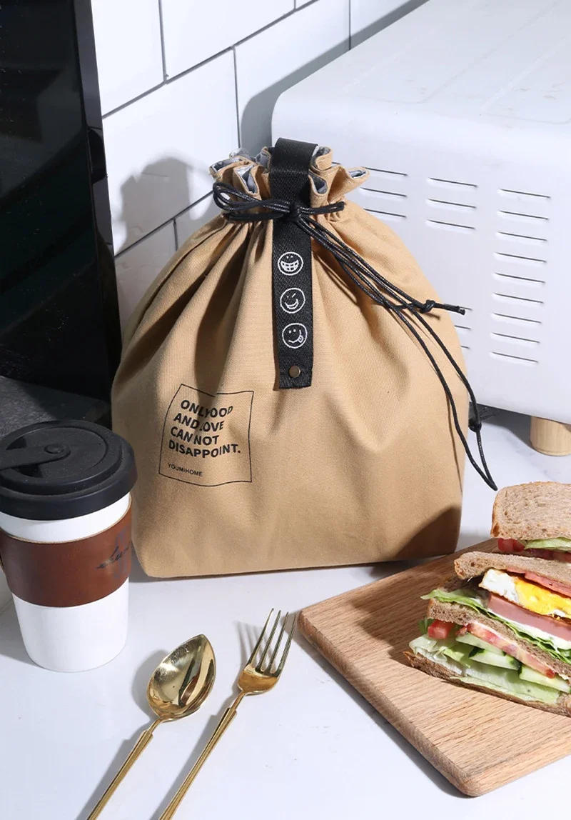 Description Picture 5 of itemSimple Drawstring Strap Insulated Lunch Bag Drawstring Storage Canvas Lunch Bag Camping Picnic Bag Camping Travel Accessories