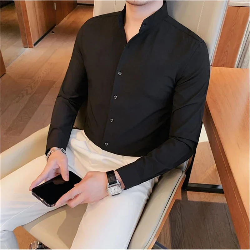 Description Picture 5 of itemMen Long-sleeved Business Formal Social Dress Shirt Fall Pure Stand Collar Party Club Casual Shirt Men's Brand Slim Tuxedo Shirt