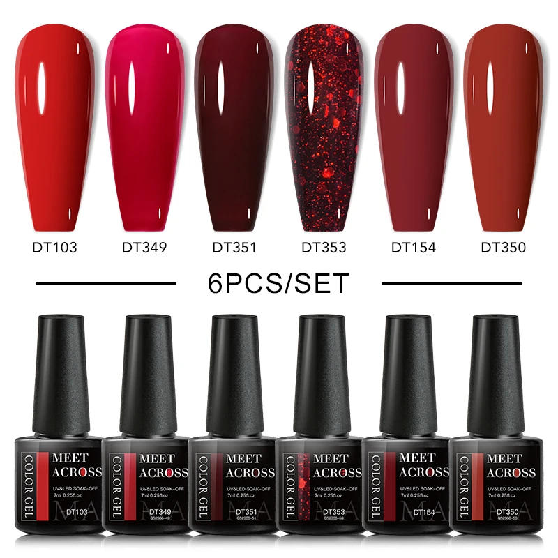 Description Picture 6 of itemMEET ACROSS 6PCS/SET Glitter Red Silver Gel Nail Polish Glitter Sequins Semi Permanent UV Nail Kit Base Matte Top Coat Nail Art