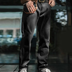 Maden Men Baggy Denim Jeans American Retro Pure Black Mid-waist Water Washed Straight Pocket Classic Style Tannin Pants