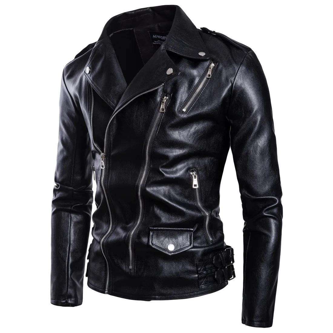 Description Picture 4 of itemAutumn Winter European Men's Plus-size Washed Motorcycle faux Leather Jacket Multi-zipper Leather Coat Fashion Slim Overcoat