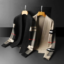 European high-end brand cardigan sweater men's spring and autumn new trend casual Plaid shawl high-quality knitted coat