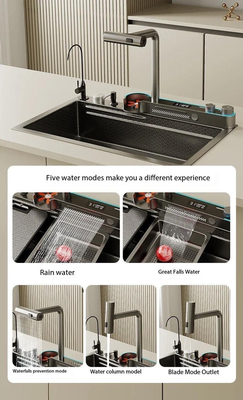 Description Picture 5 of itemNew product Stainless Steel Waterfall Kitchen Sink Embossed Large Single Slot Integrated Digital Display Faucet Set Wash Basin