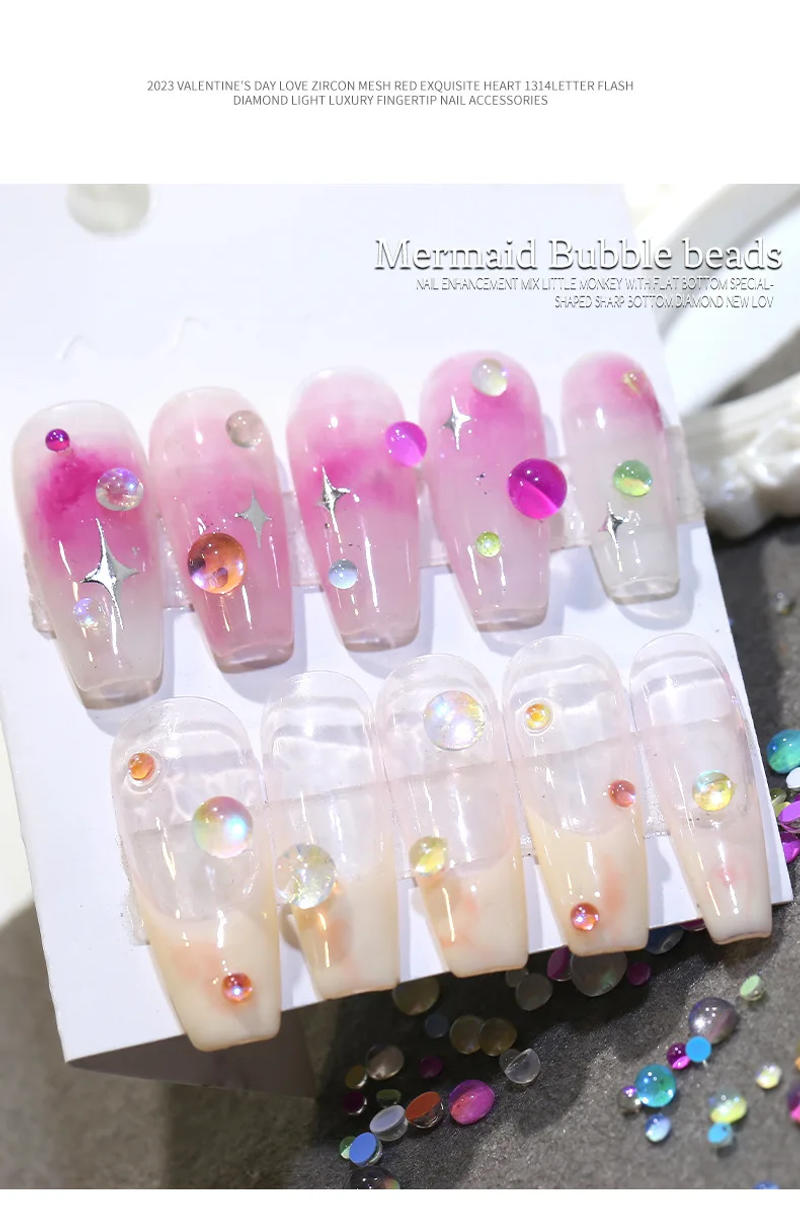 Description Picture 3 of item200PCS Mix 1.5-5mm Aurora Macaron Flatback Semi-ball Mermaid Bubble Beads Nail Art Rhinestones Jewel Decorations Manicure Charms
