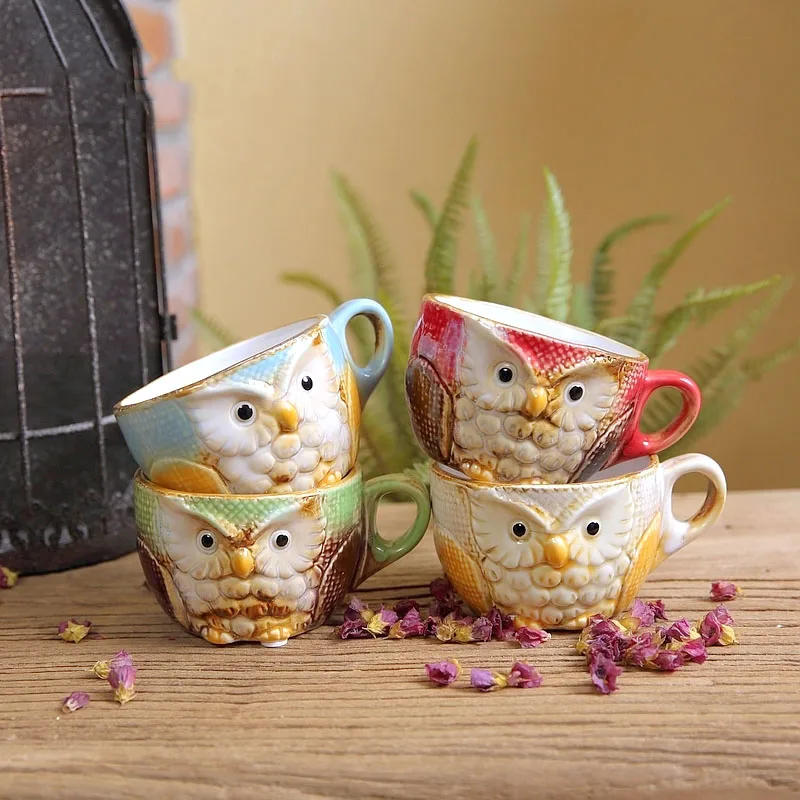 Description Picture 2 of itemPainted Owl Mug Ceramic Cups Afternoon Tea Teacup Milk Fruit Juice Container Cartoon Owl Relief Coffee Cup Mugs with Lid