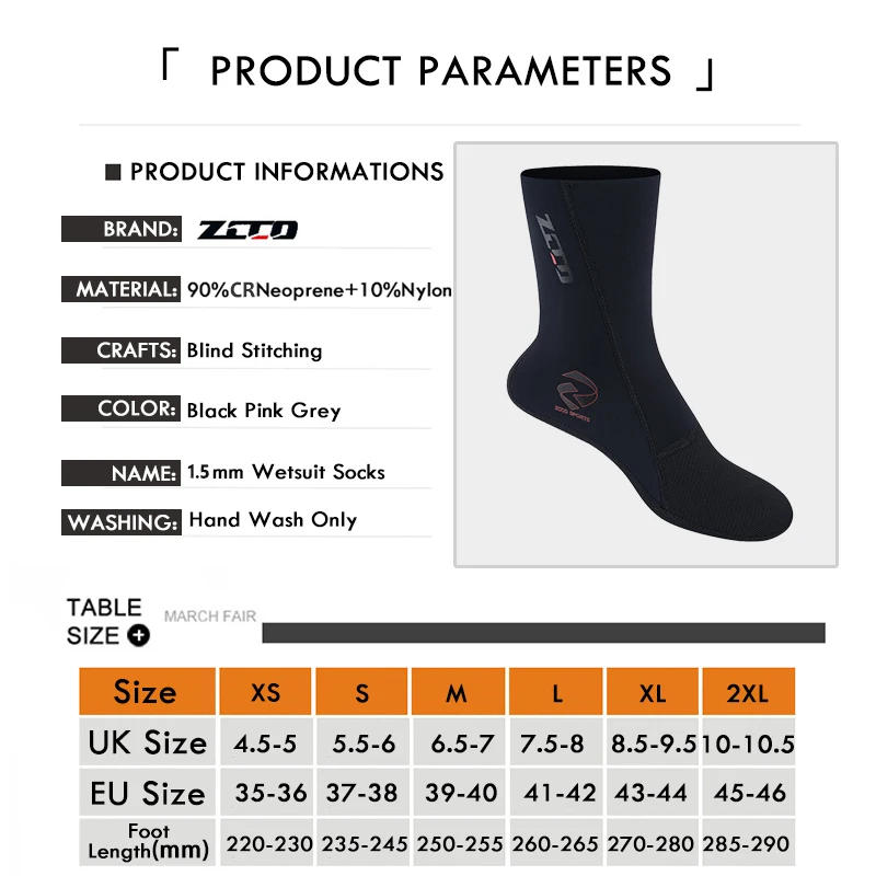 Description Picture 3 of item1 Pair 1.5MM Diving Socks Unisex CR Neoprene Swimming Surfing Boots Men Warm Water Sports Long Non-slip Wearable Beach Shoes