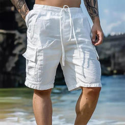 Men Elastic Waistband Pants Multi-pocket Design Casual Pants Men's Knee-length Drawstring Shorts with Elastic Waist for Casual