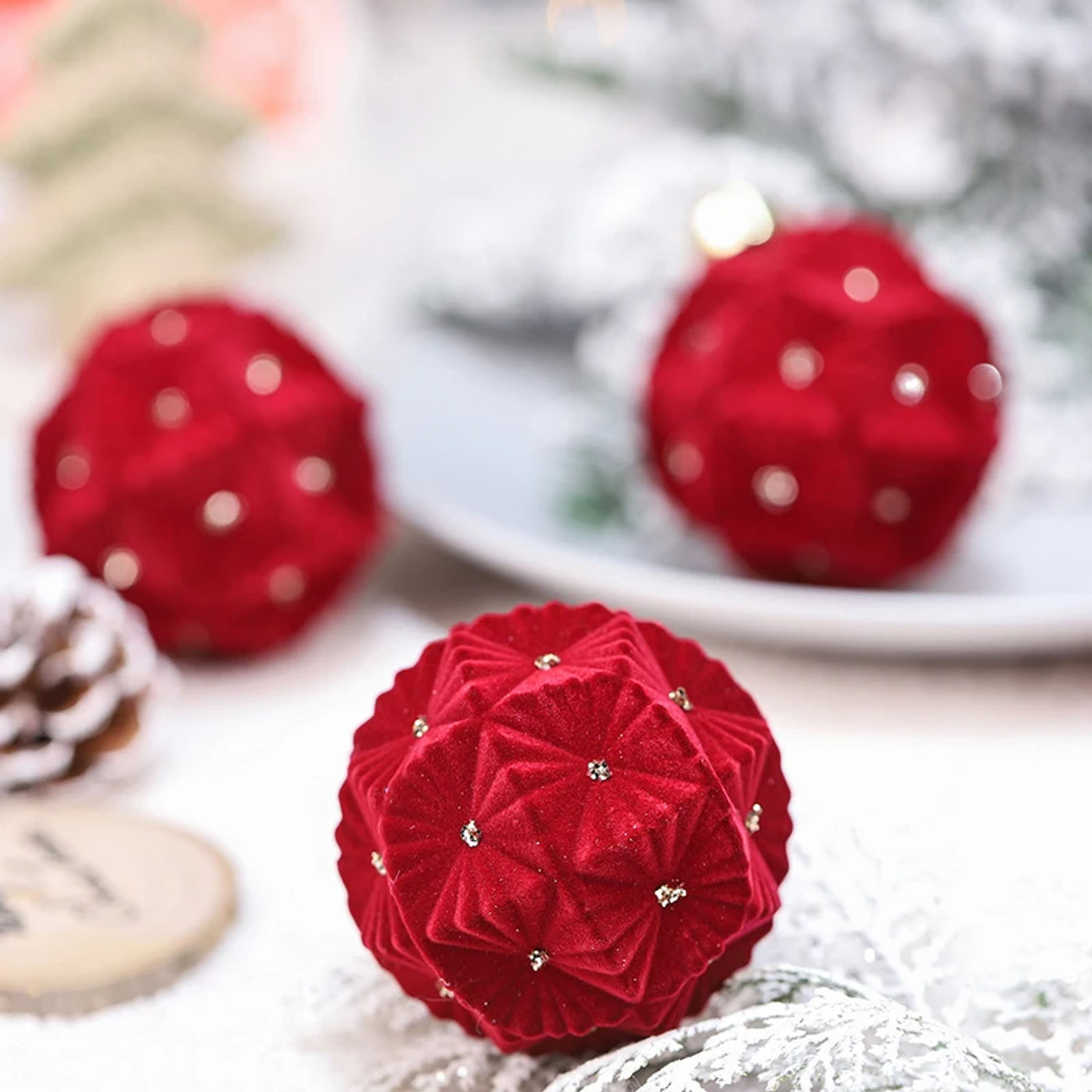 Description Picture 4 of itemwine red Flocked Christmas Balls Set Christmas Tree Ornaments Decoration Xmas Tree Hanging for Indoor Outdoor Holiday Party